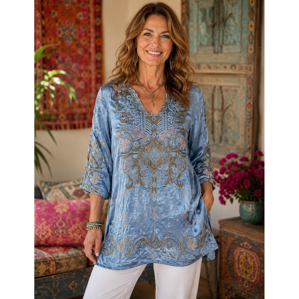 Johnny Was Biya Sinnah Satin Blouse Embroidered Denim Blue Small